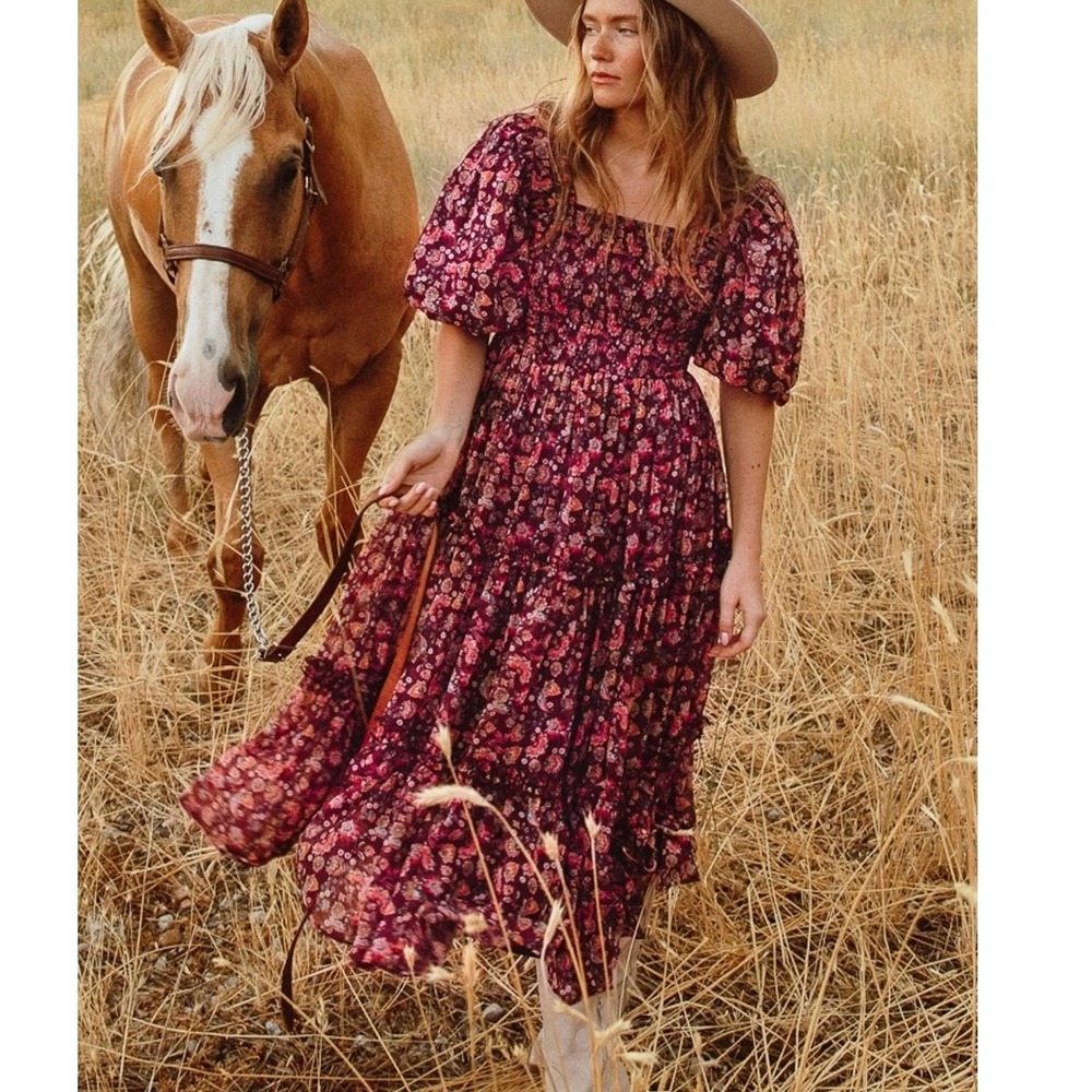 Ivy City Co Stephanie Dress Small Burgundy Floral Smocked Cottagecore Romantic - Picture 2 of 12